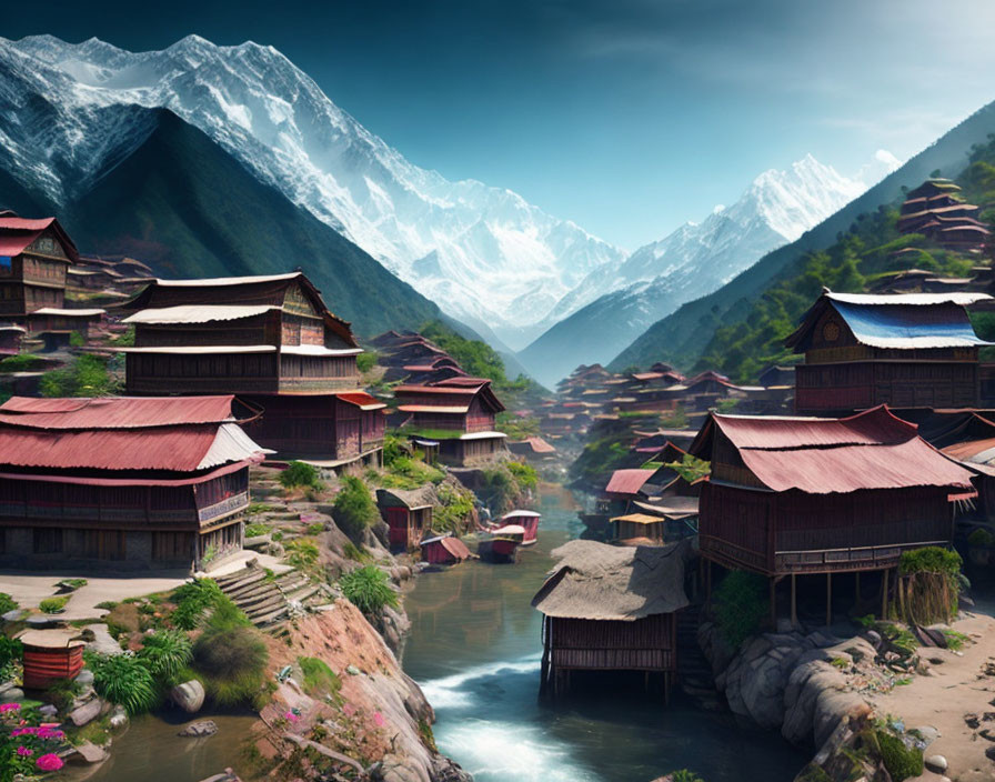 Traditional wooden houses in serene mountain village beside calm river