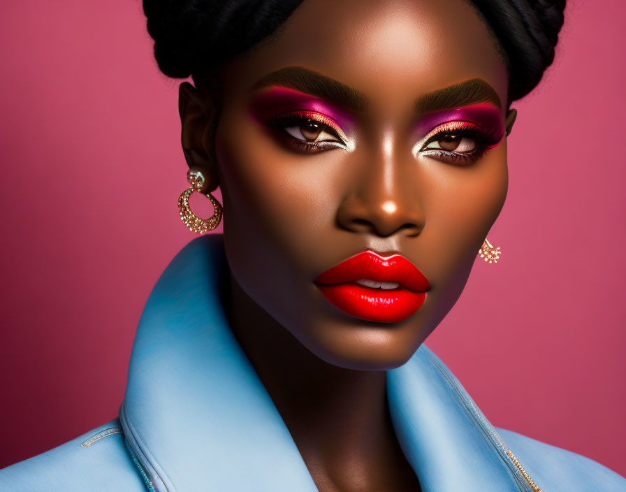 Woman with Bold Pink Eyeshadow and Red Lipstick on Pink Background