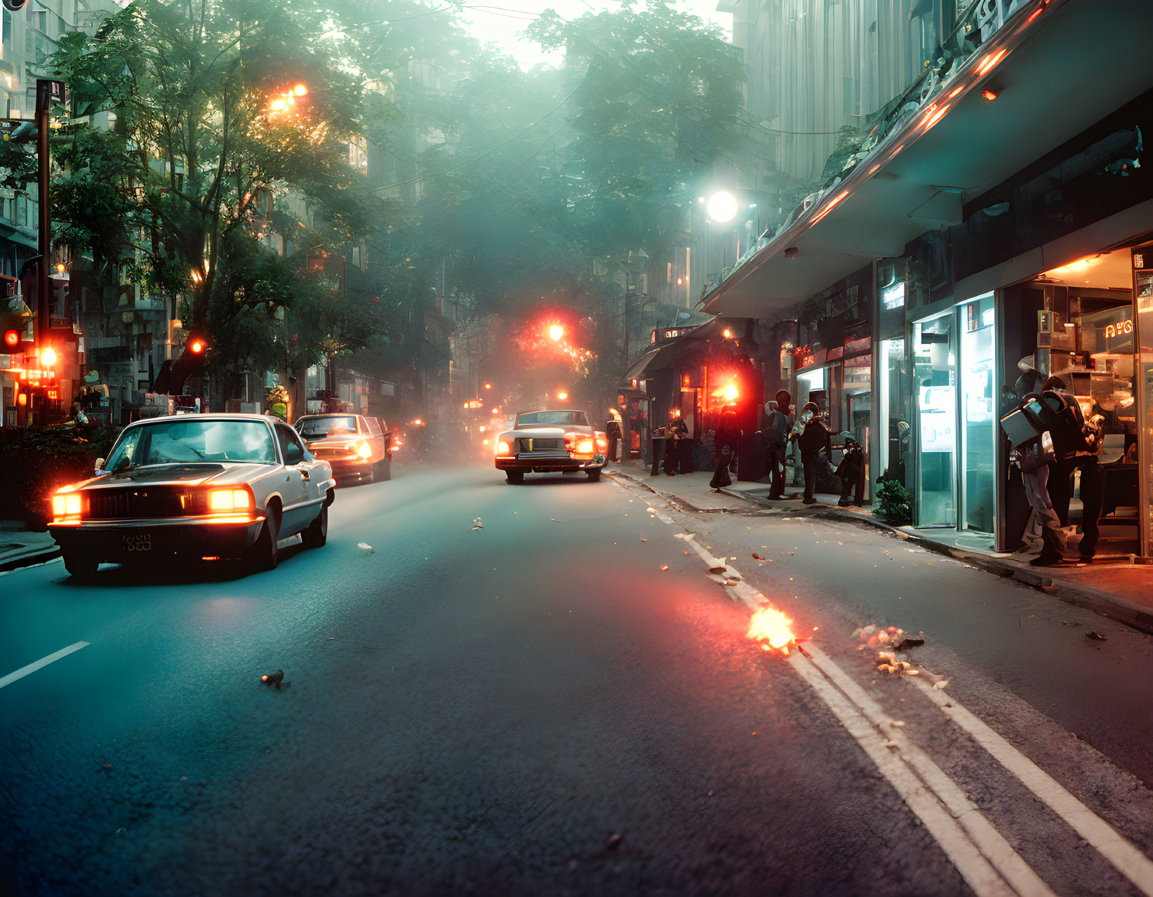 Vintage Cars and Pedestrians in Moody Urban Dusk Scene