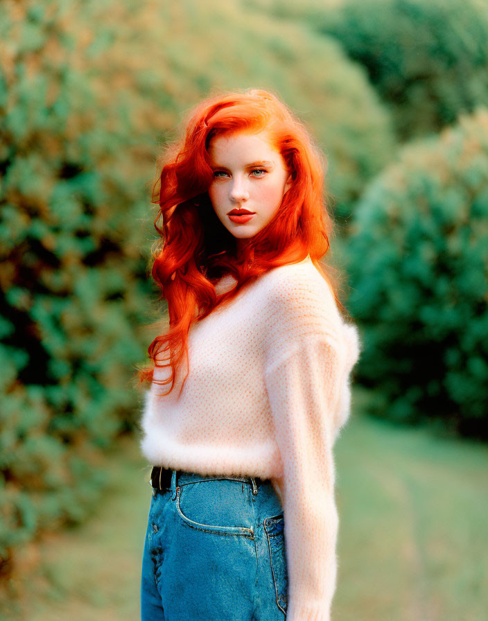 Red-haired woman in white sweater and blue jeans standing in front of green shrubbery