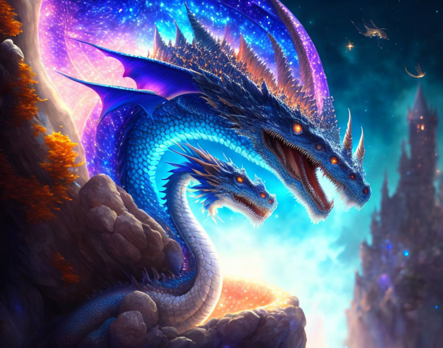 Colorful Multi-Headed Dragon by Mystical Castle at Night
