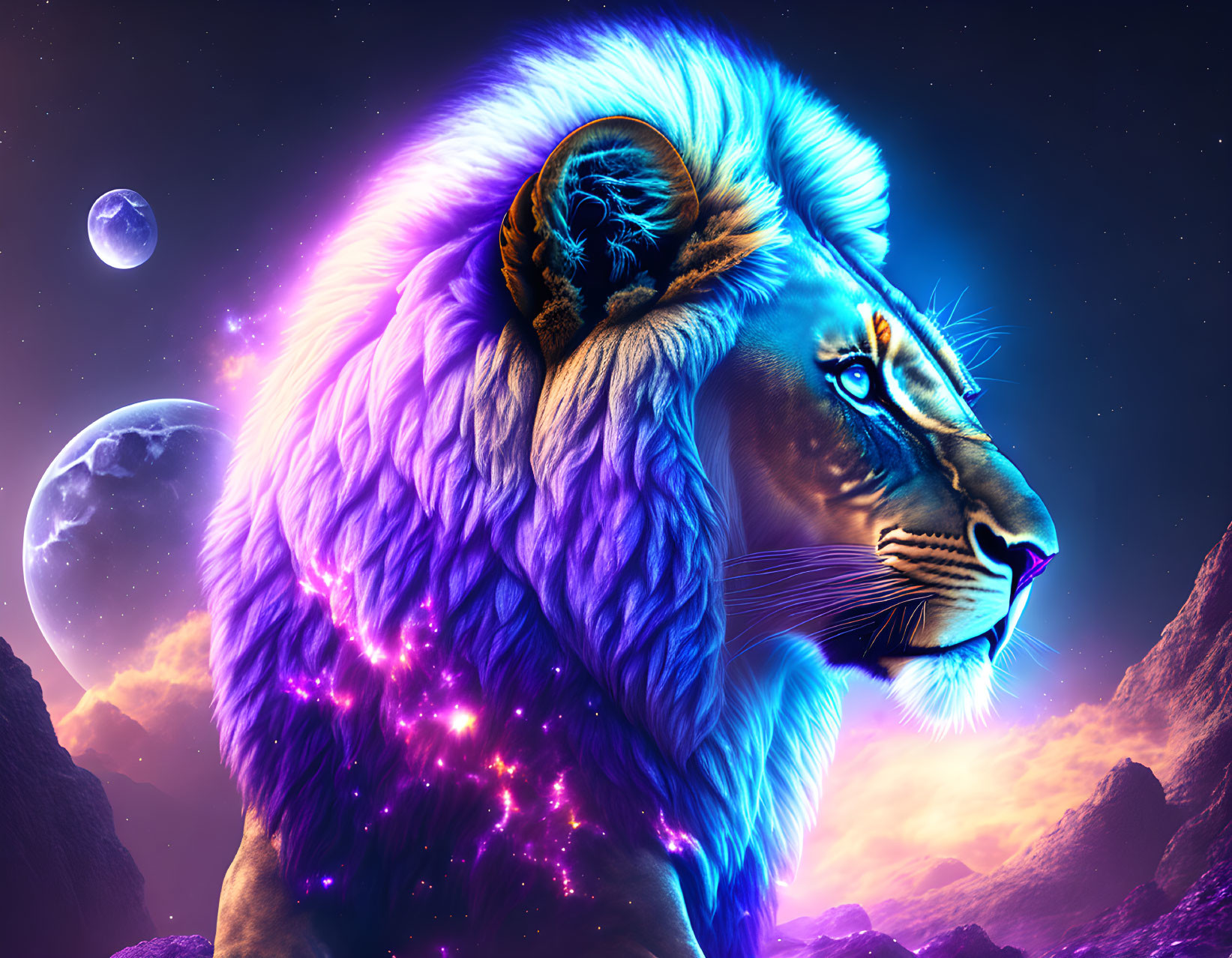 Colorful digital artwork featuring cosmic lion with glowing mane in night sky backdrop