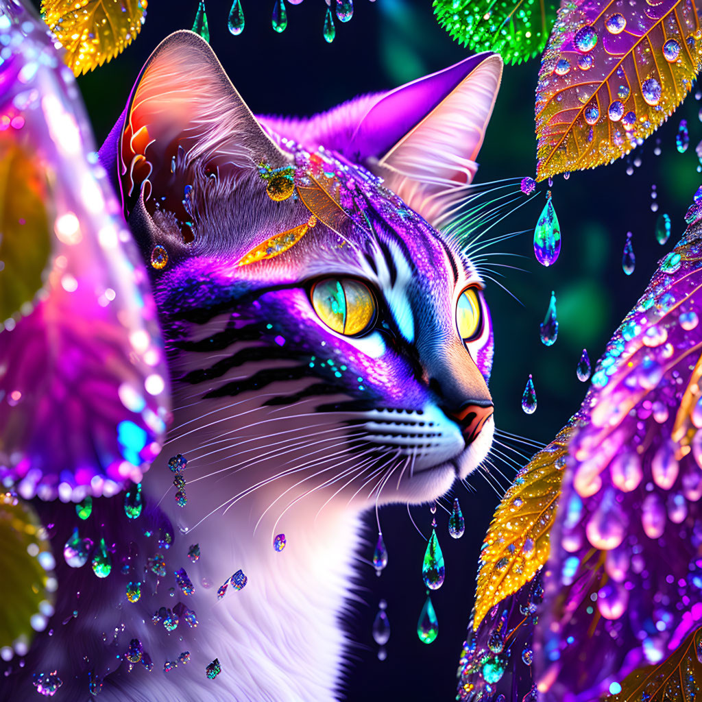 Colorful Digital Artwork: Intricate Cat with Neon Patterns and Water Droplets