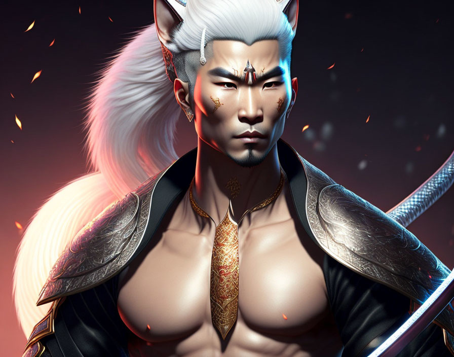 Mythical warrior digital art: fox-like features, white hair, pointed ears, sword, red