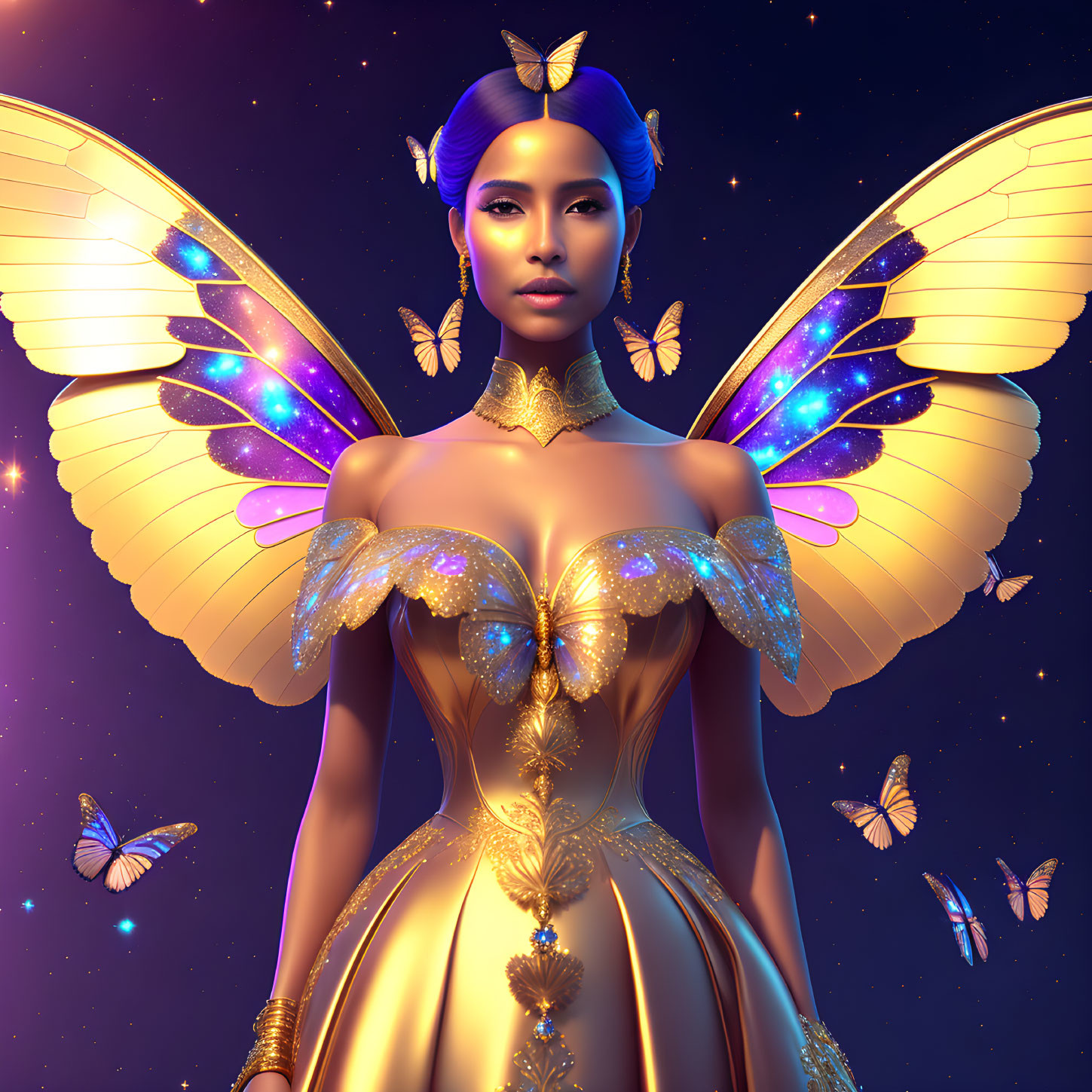 Digital artwork of woman with golden butterfly wings in starry background with glowing butterflies