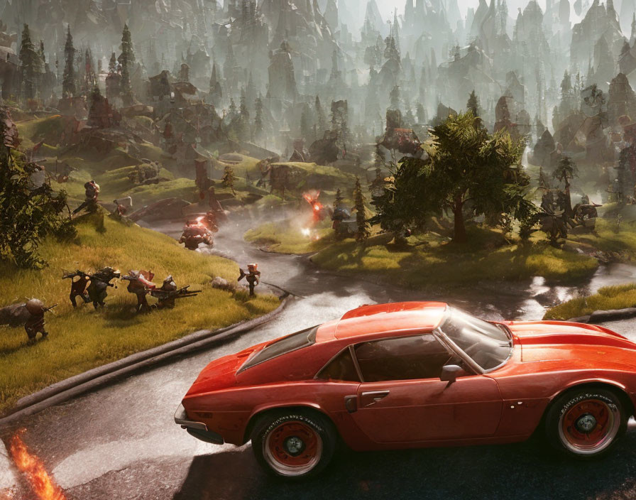 Red sports car parked in fantastical landscape with mythical creatures.