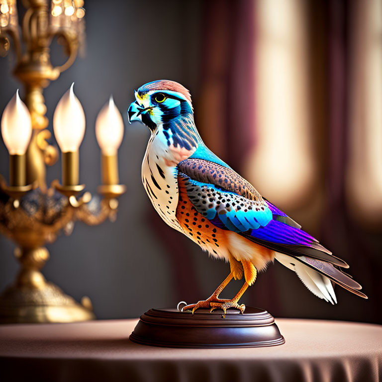 Colorful Porcelain Falcon Figurine on Stand with Candelabra and Draped Curtains