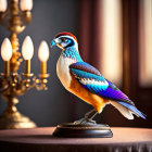 Colorful Porcelain Falcon Figurine on Stand with Candelabra and Draped Curtains