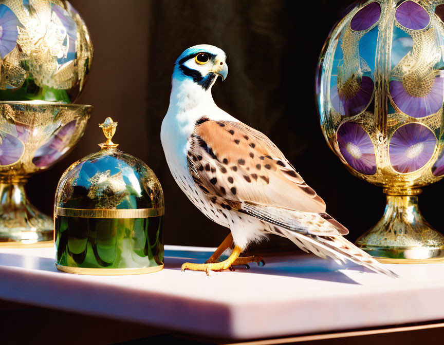 Falcon perched near golden and purple decorative eggs on dark background