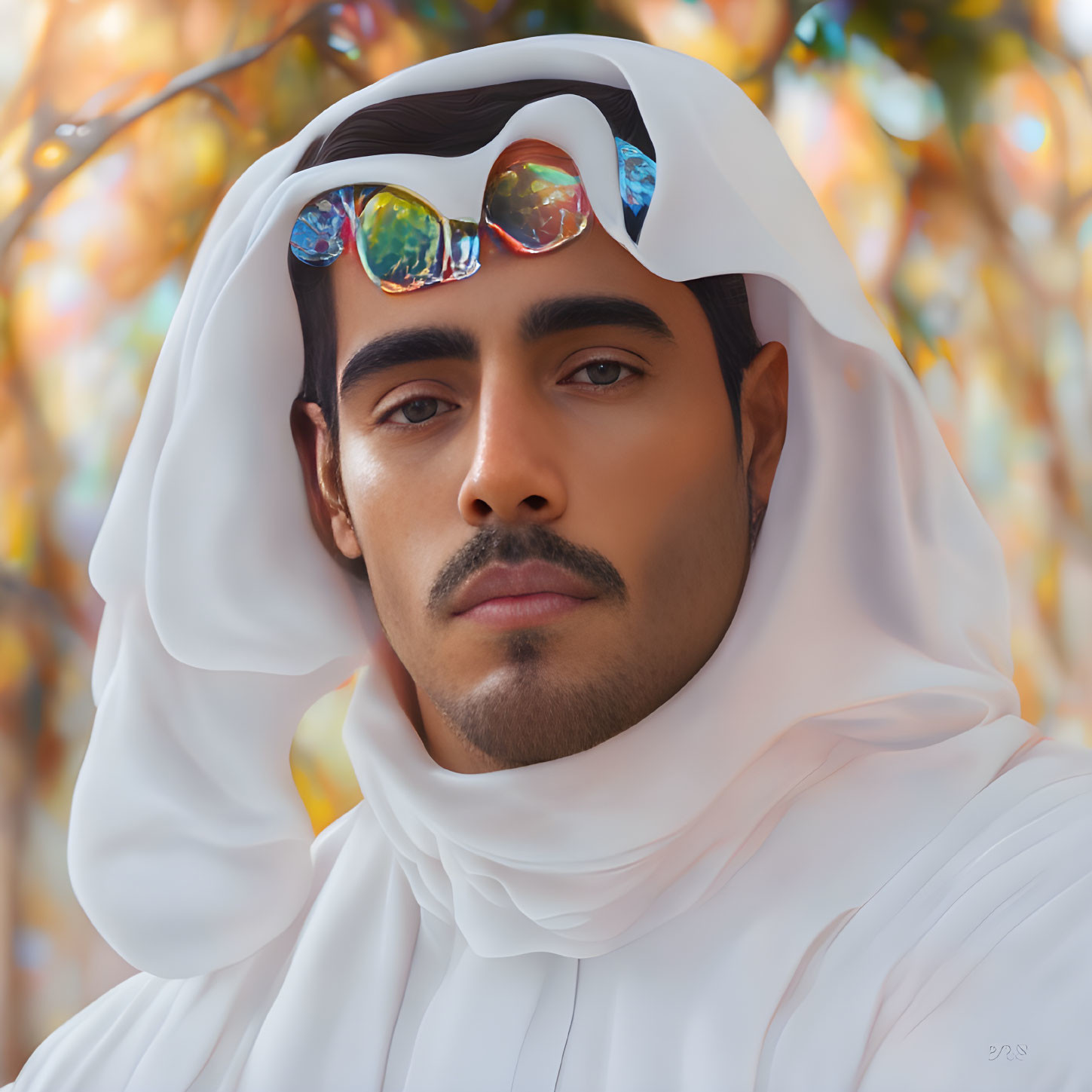 Traditional Arab Attire with White Headscarf and Sunglasses in Autumn Setting