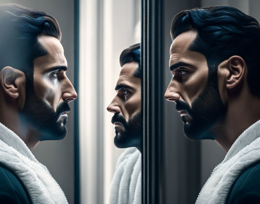 Dark-haired man in robe gazes at reflection in mirror