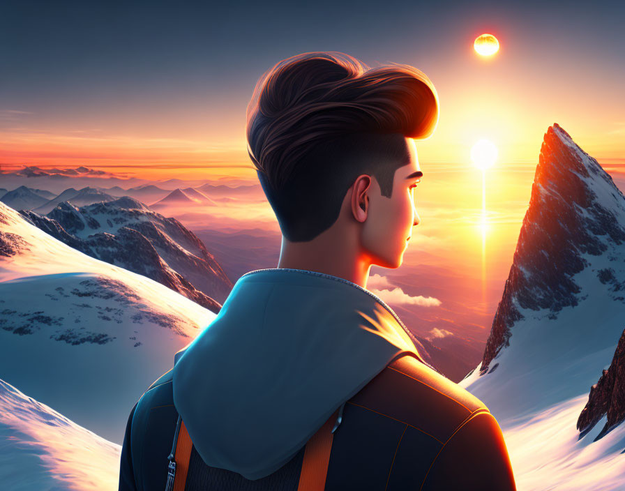 Digital illustration: Person with modern haircut gazing at sunset over snow-capped mountains