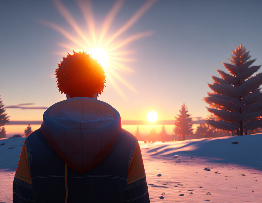 Person in winter jacket watching sunset in snowy landscape with evergreen trees