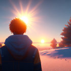 Person in winter jacket watching sunset in snowy landscape with evergreen trees