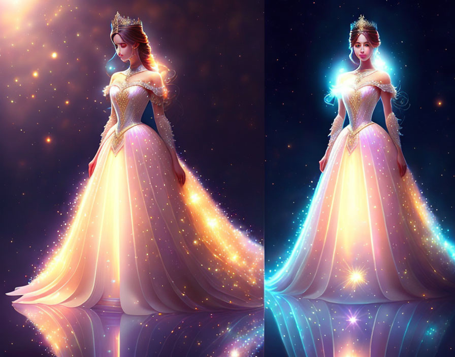 Princess in Glowing Ornate Gown Against Starry Background