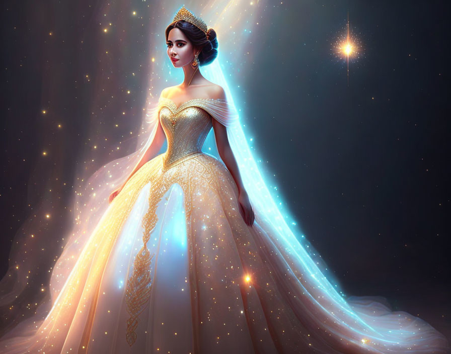 Ethereal woman in golden gown with tiara under starlight