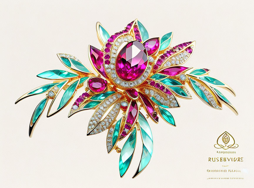 Colorful Jewel-Encrusted Brooch with Purple Gemstone & Gold Accents