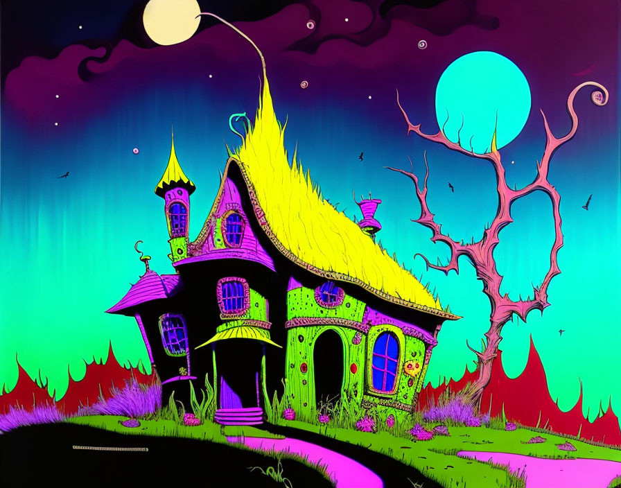 Colorful Fantasy House Illustration with Purple Roof and Green Walls under Vibrant Night Sky