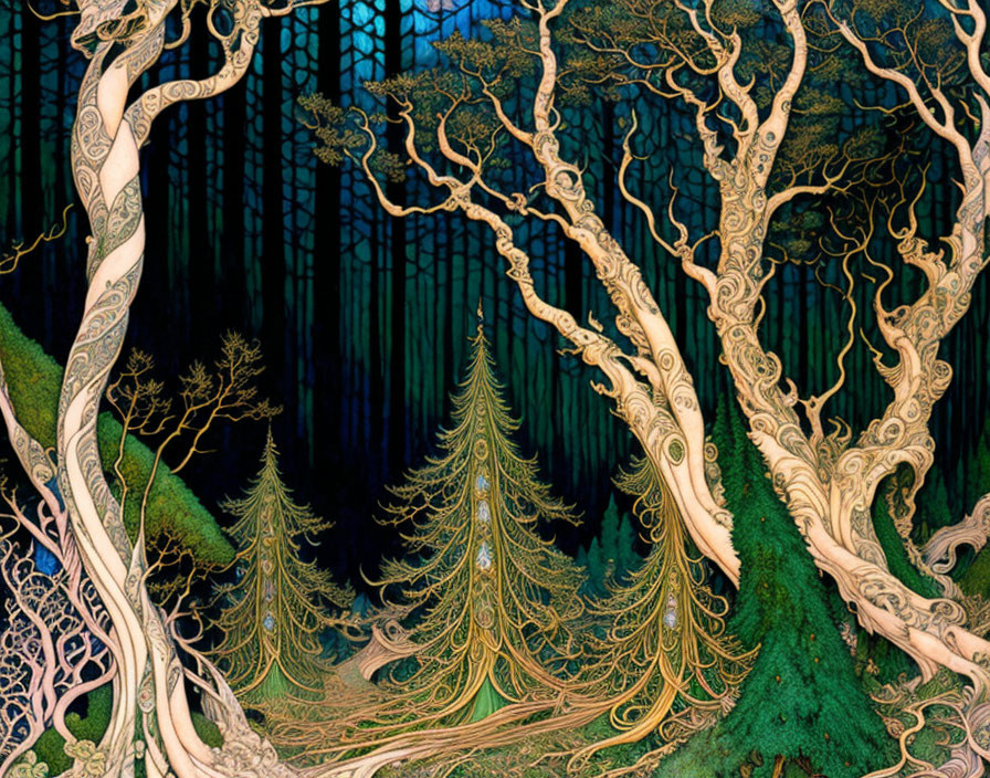 Whimsical forest illustration with stylized trees and intricate patterns