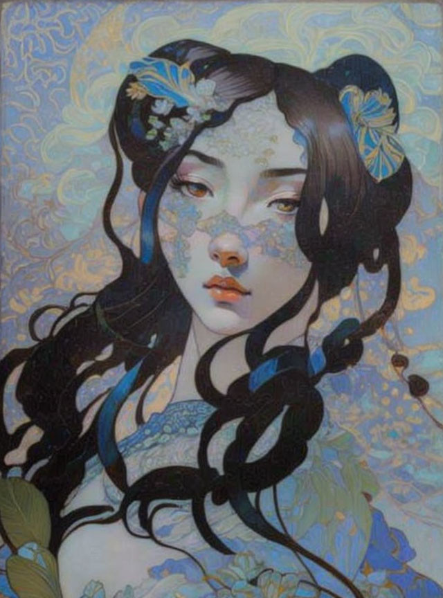 Woman's portrait with stylized hair and blue floral patterns for a serene and mystical vibe