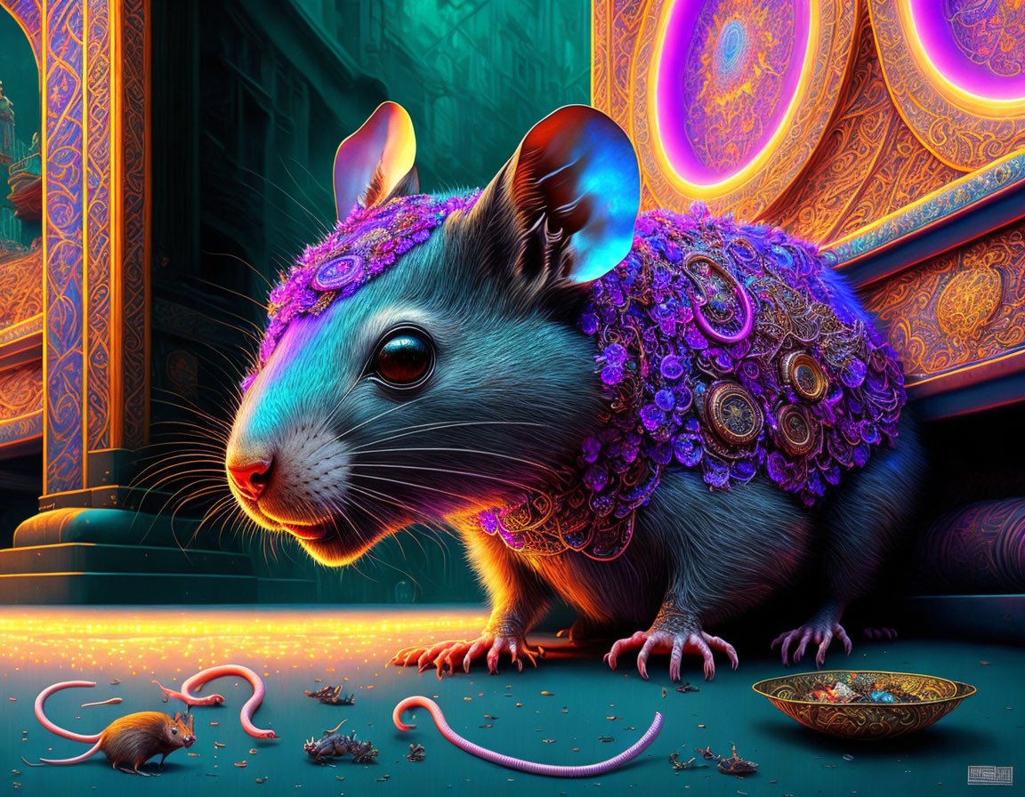 Colorful Mouse with Purple Jewelry in Neon-Lit Environment