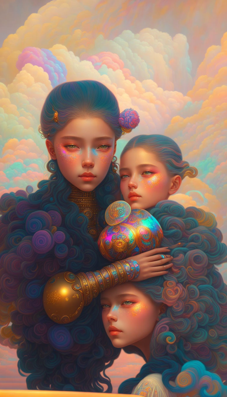 Whimsical surreal characters with ornate hairstyles and vibrant clouds.