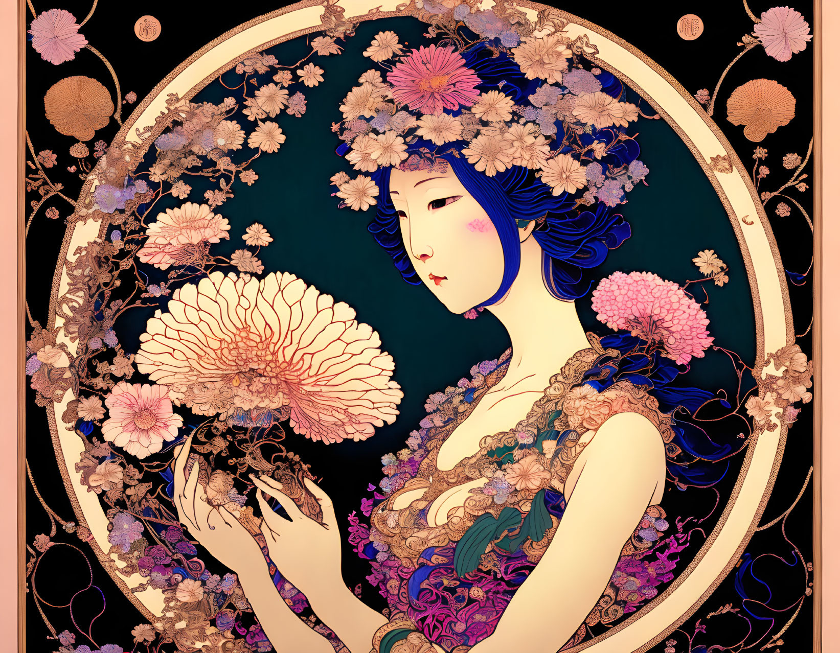 Blue-skinned woman with floral wreath in dark and gold art nouveau style