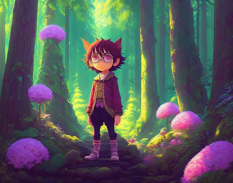 Animated character in large glasses and pointy ears in vibrant forest with purple flowers and beams of light.