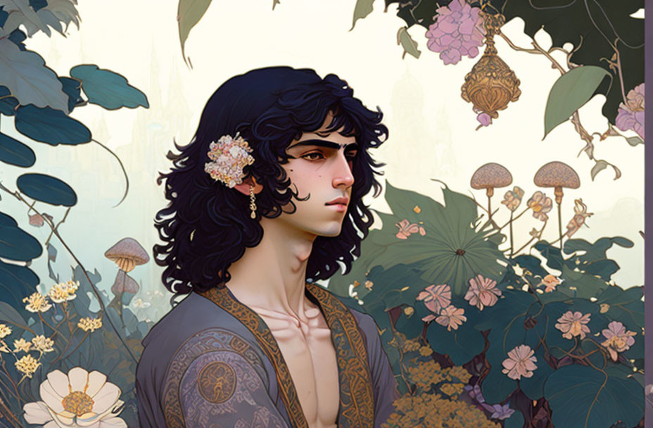 Digital illustration of person with dark curly hair and flowers, in contemplative pose among ornate foliage.