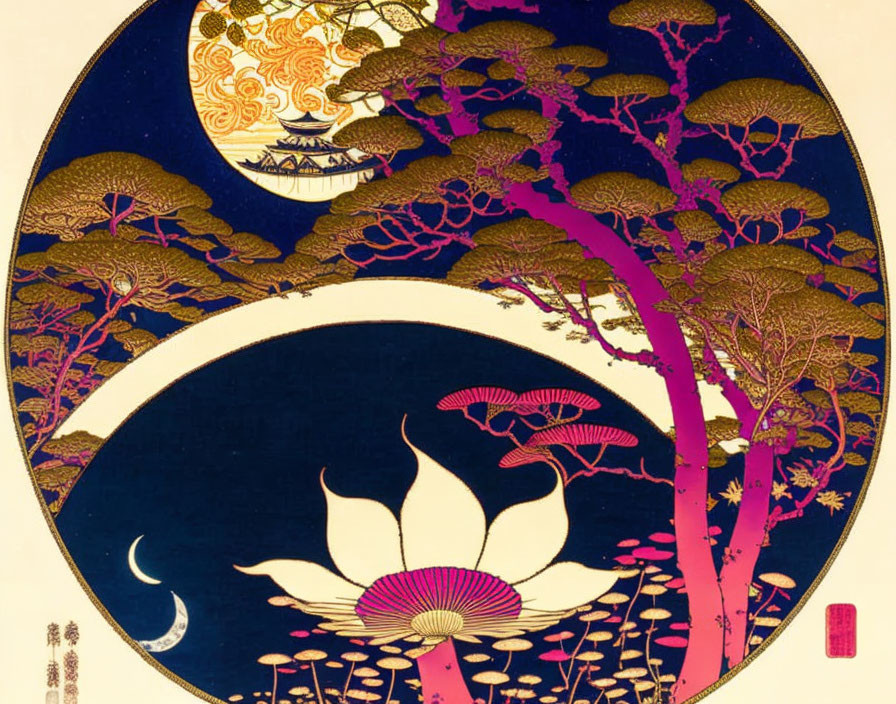 Circular Japanese Ukiyo-e Artwork: Gold Moon, Pink Blossoms, Dark Blue Sky