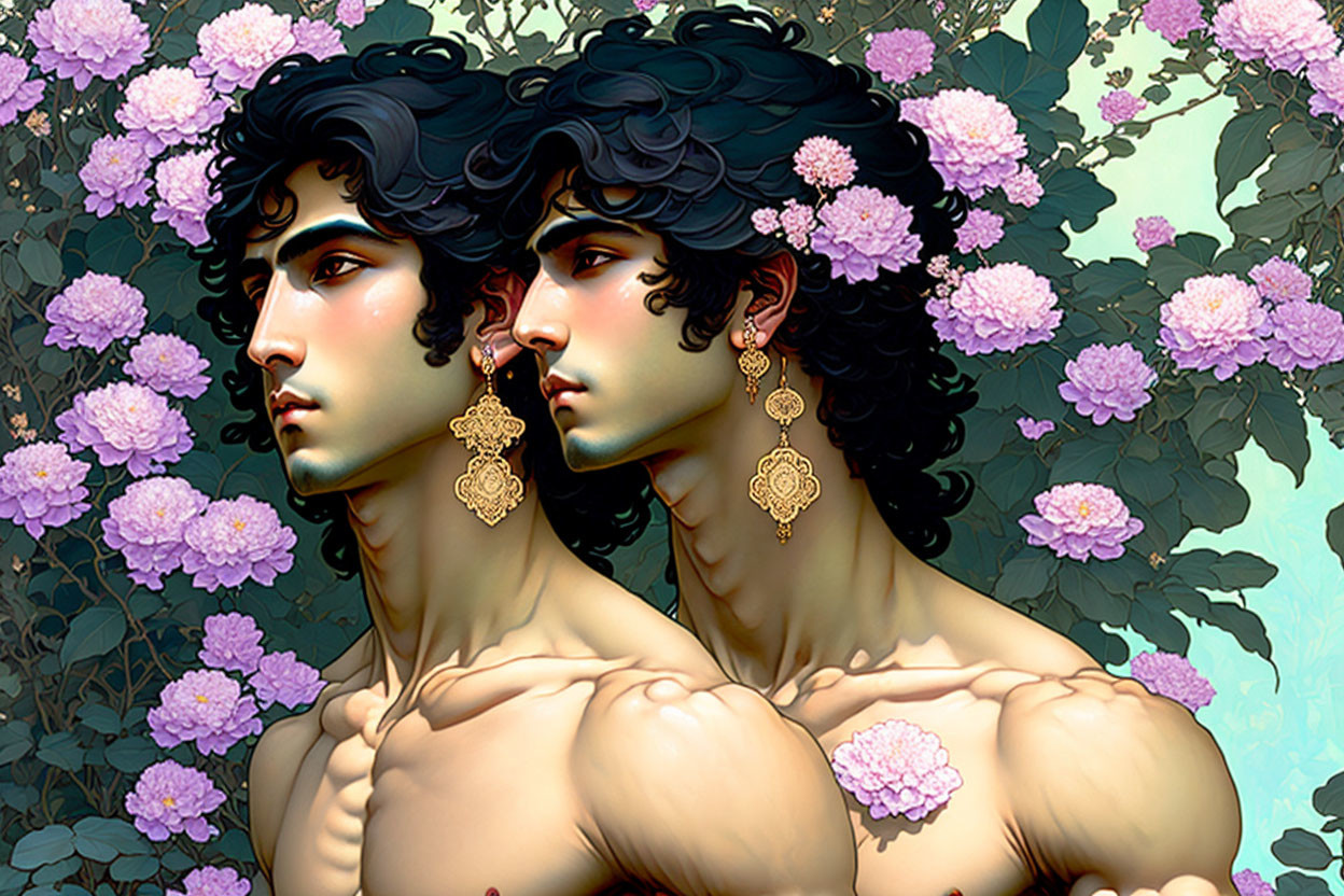 Illustration of two individuals with dark curly hair and golden earrings in lush greenery.