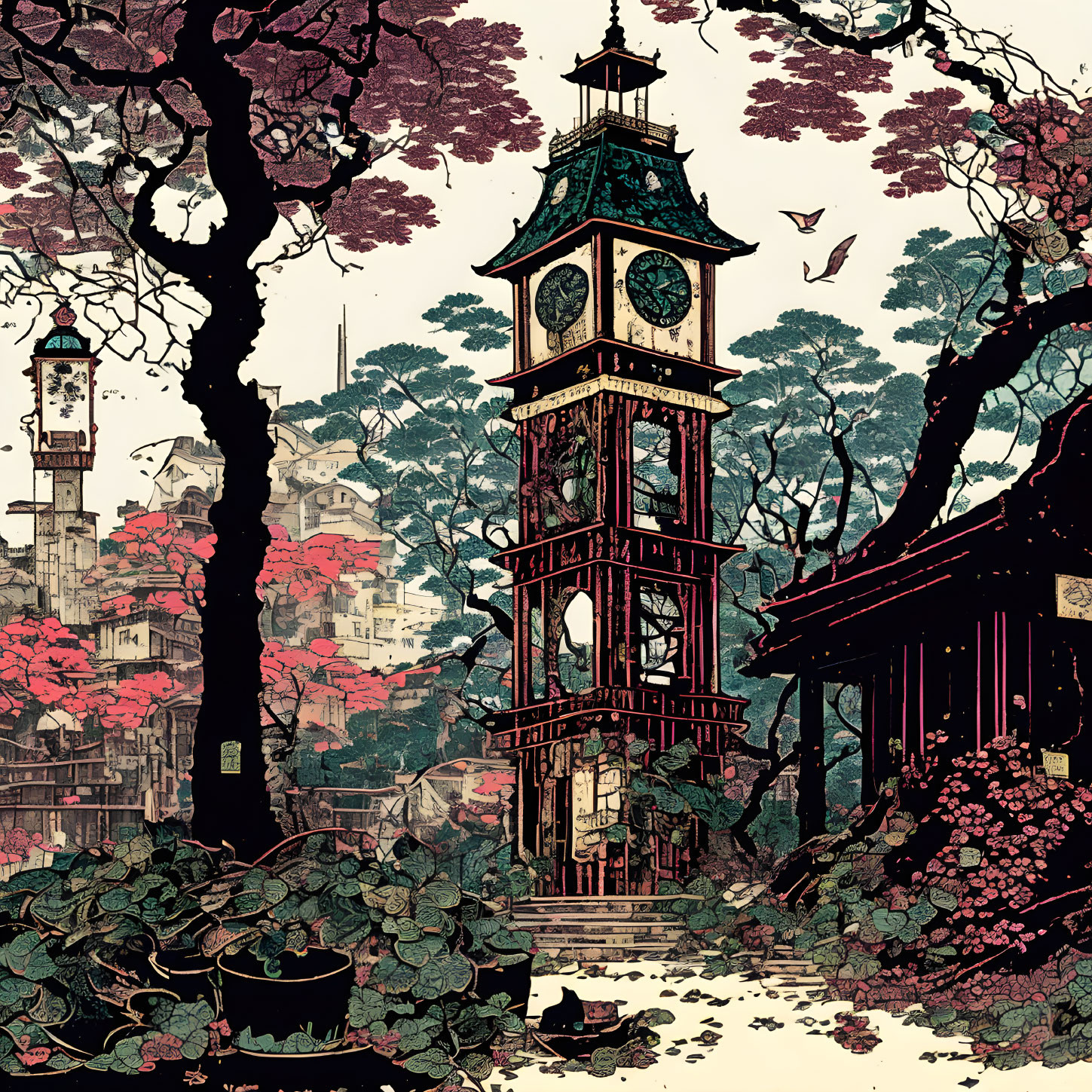 Detailed Illustration of Clock Tower in Lush Village Setting