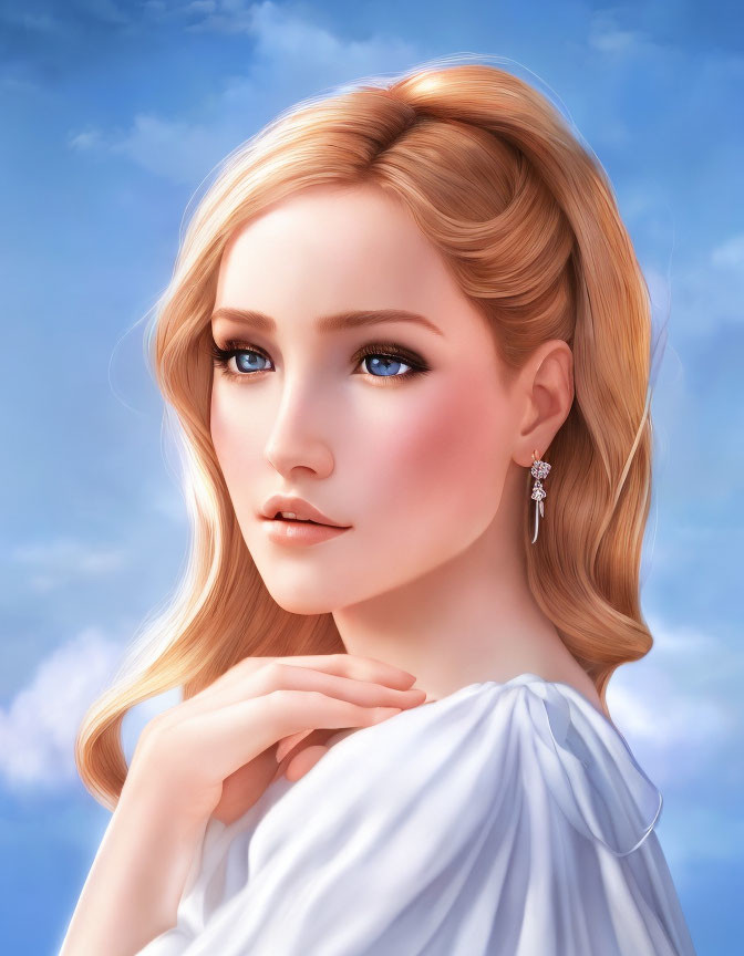 Blonde Woman Portrait in White Outfit Against Blue Sky