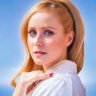 Blonde Woman Portrait in White Outfit Against Blue Sky