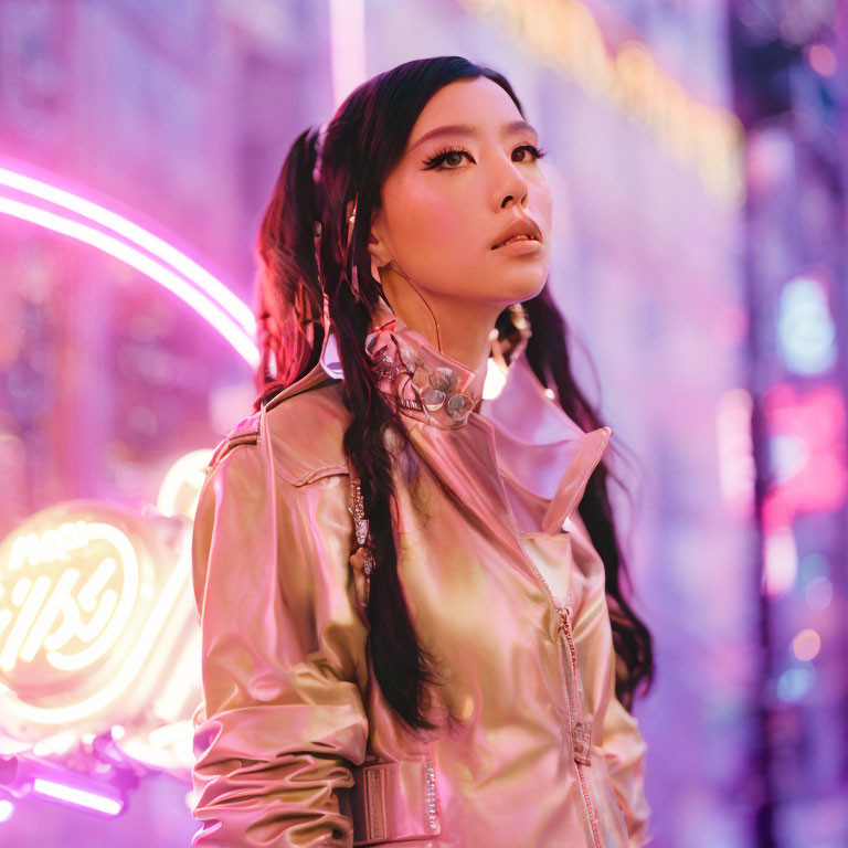 Braided Hair Woman in Shiny Jacket Night Cityscape