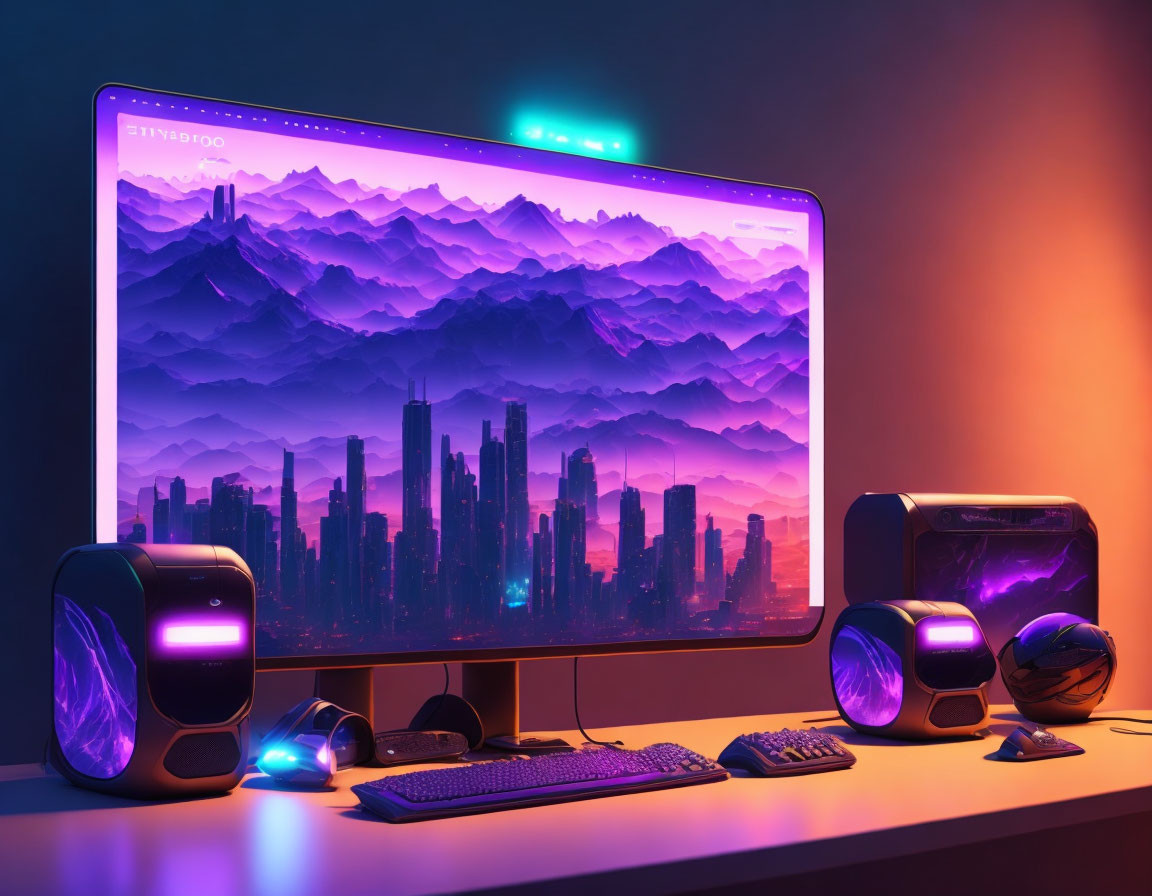 Futuristic desktop setup with large cityscape monitor and RGB accessories