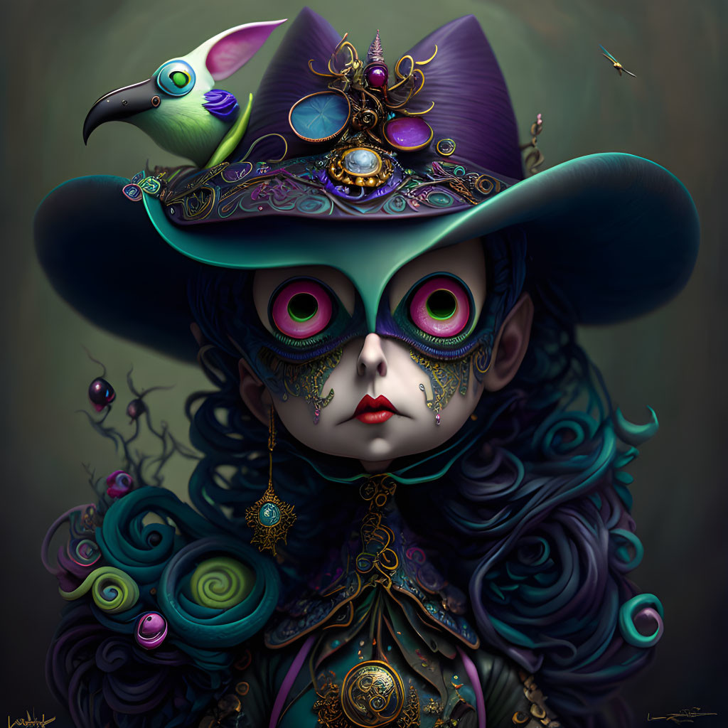 Colorful portrait with purple hat, golden jewelry, and peacock feather face paint.