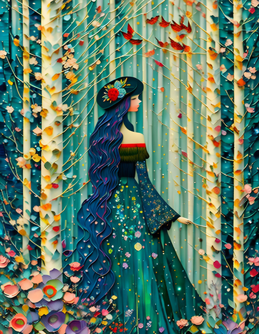 Illustration of woman with blue hair in floral dress in whimsical forest