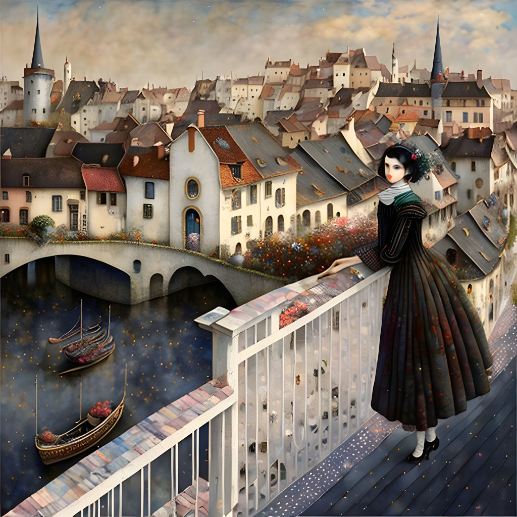 Vintage-dressed woman on bridge in surreal European town with starry elements