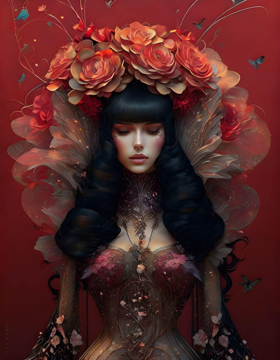 Illustrated portrait of woman with floral headdress and butterflies in black and red gown