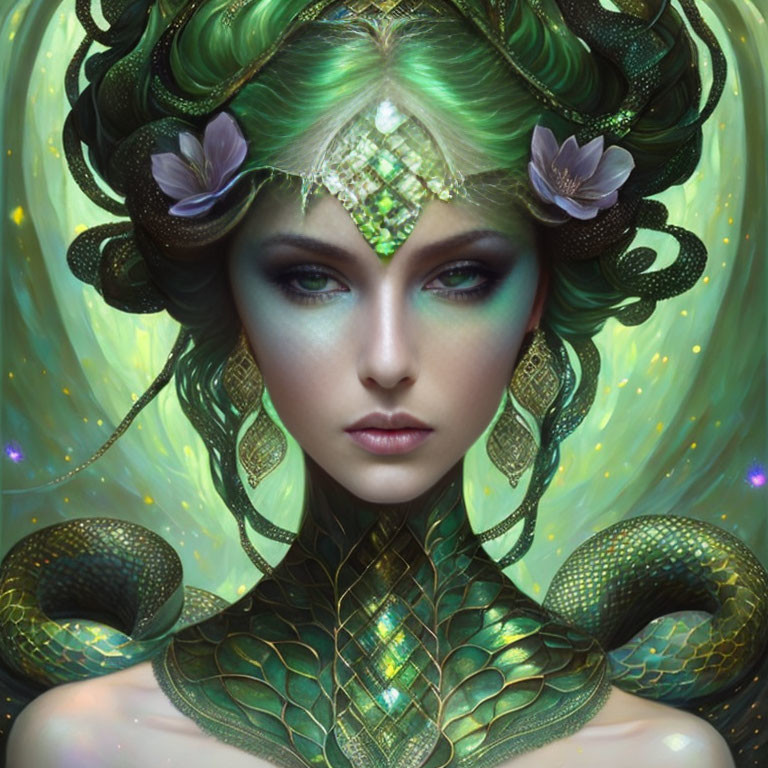 Digital Artwork: Mystical Woman with Snake-like Features and Magical Aura