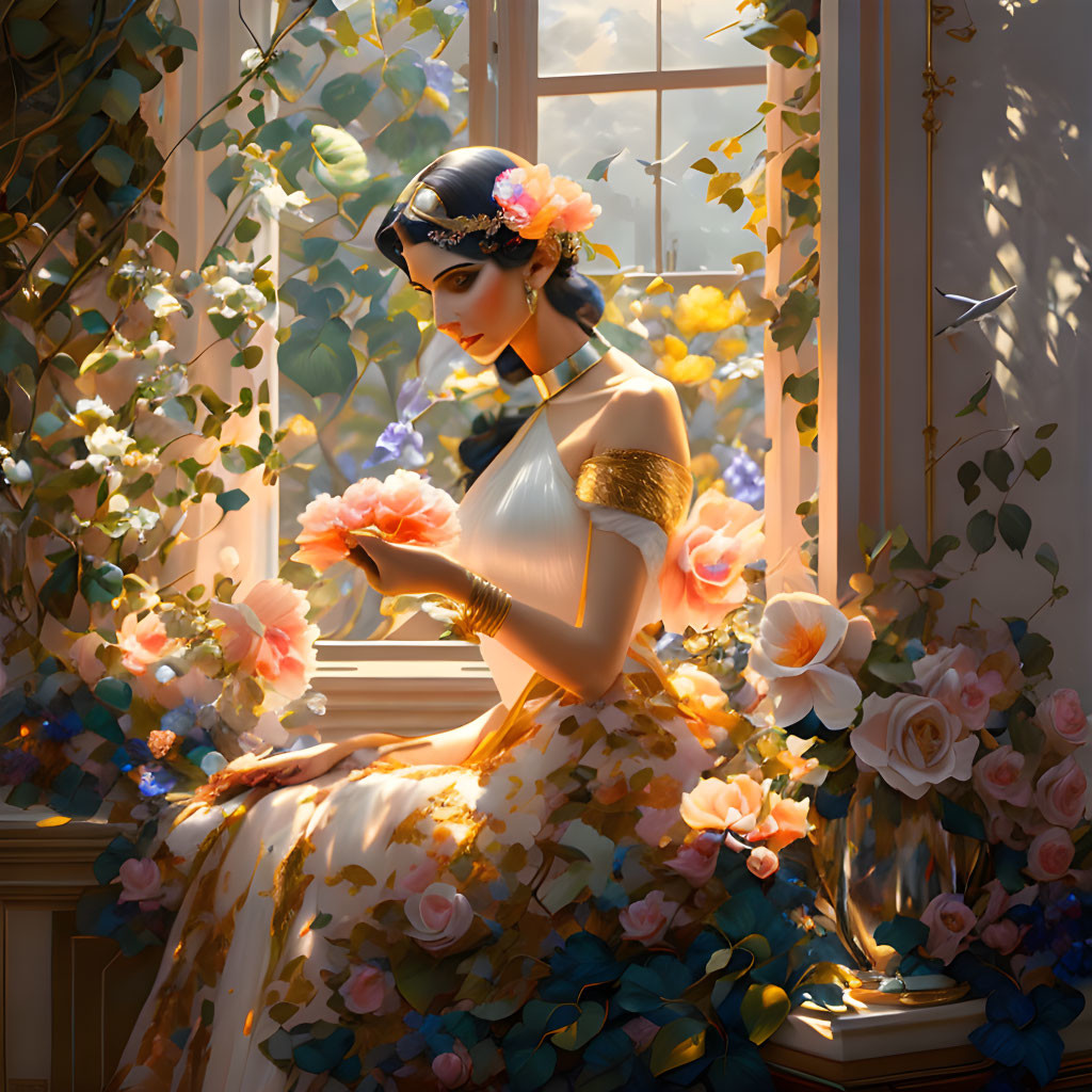 Woman in elegant dress surrounded by flowers and sunlight by window