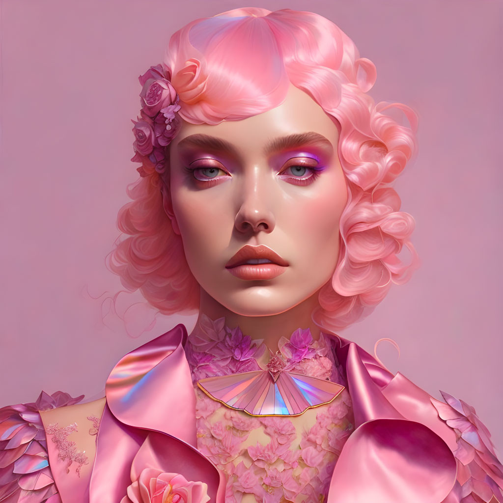 Digital artwork featuring woman with pink curly hair, floral blouse, butterfly necklace.