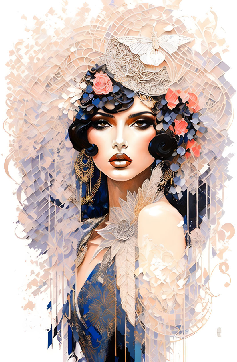 Woman with Striking Makeup and Elaborate Headpiece in Abstract Setting