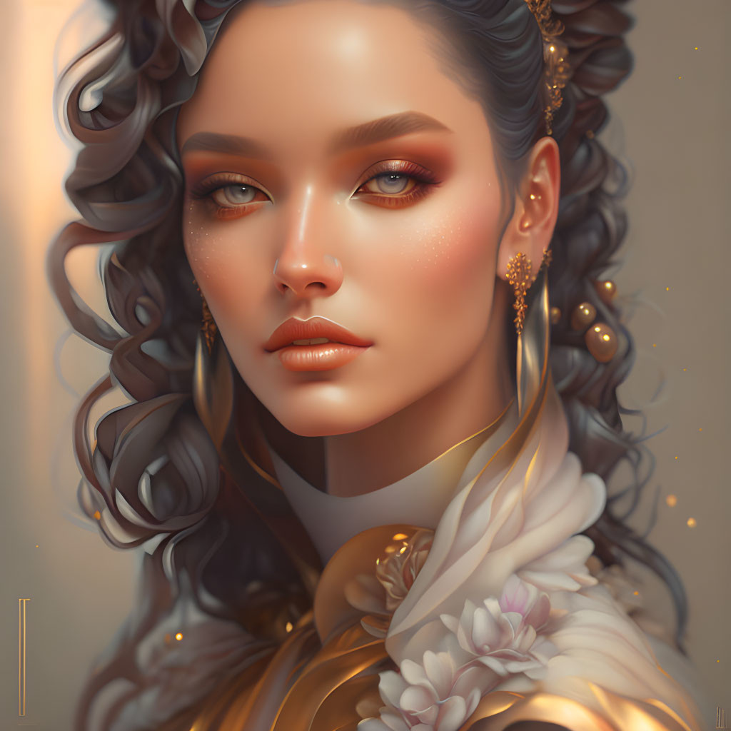 Woman with curly hair, golden earrings, and white floral garment in digital portrait