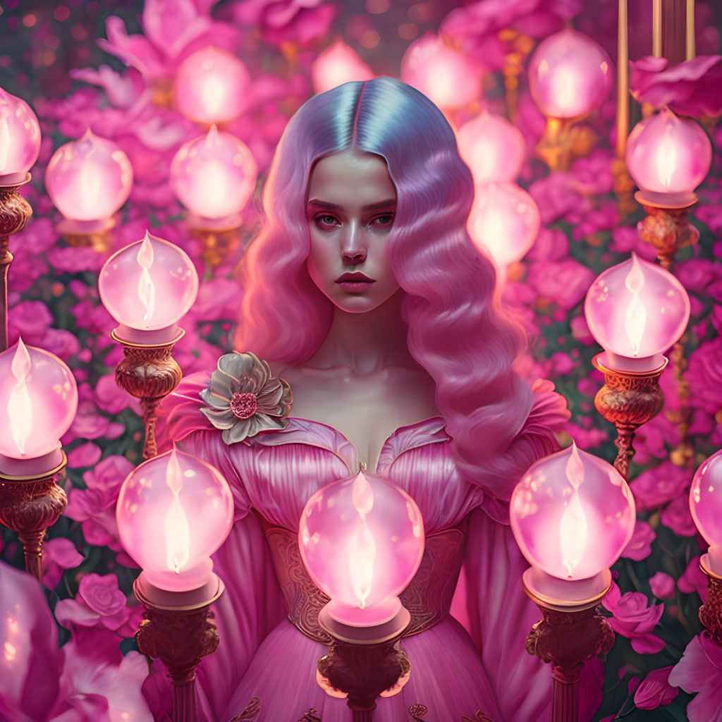 Fantastical illustration of woman with pastel pink hair among glowing lanterns and rose blooms