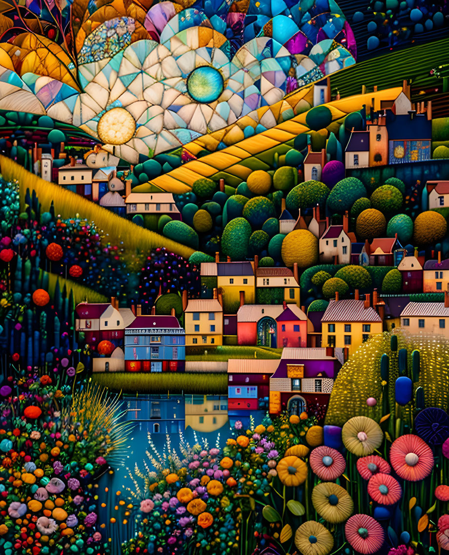 Colorful Artwork: Whimsical Village with Patterned Hills & Floral River Bank