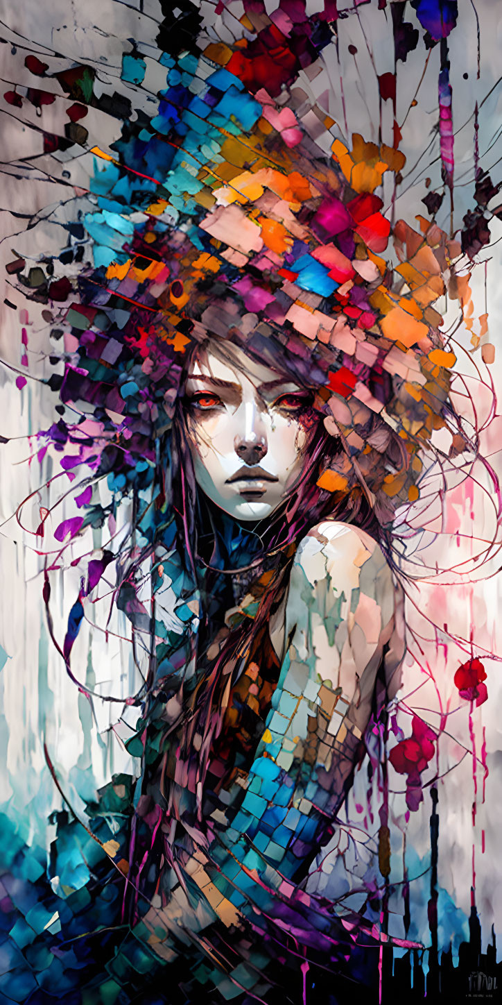 Stylized digital artwork: Female figure with colorful pixel shapes & abstract patterns