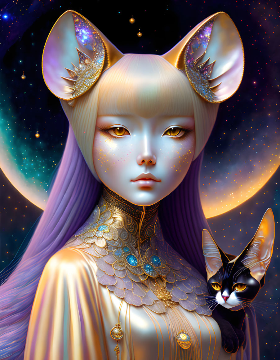 Illustration of woman with gold cat-like ears holding small cat under crescent moon on starry night