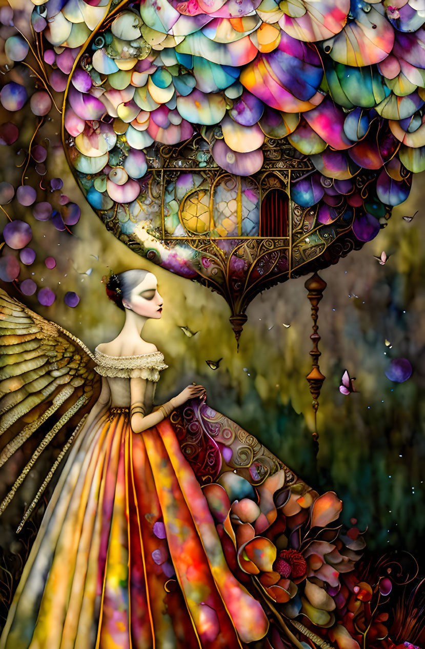 Ethereal winged woman in ornate gown with floating lantern house and butterflies.